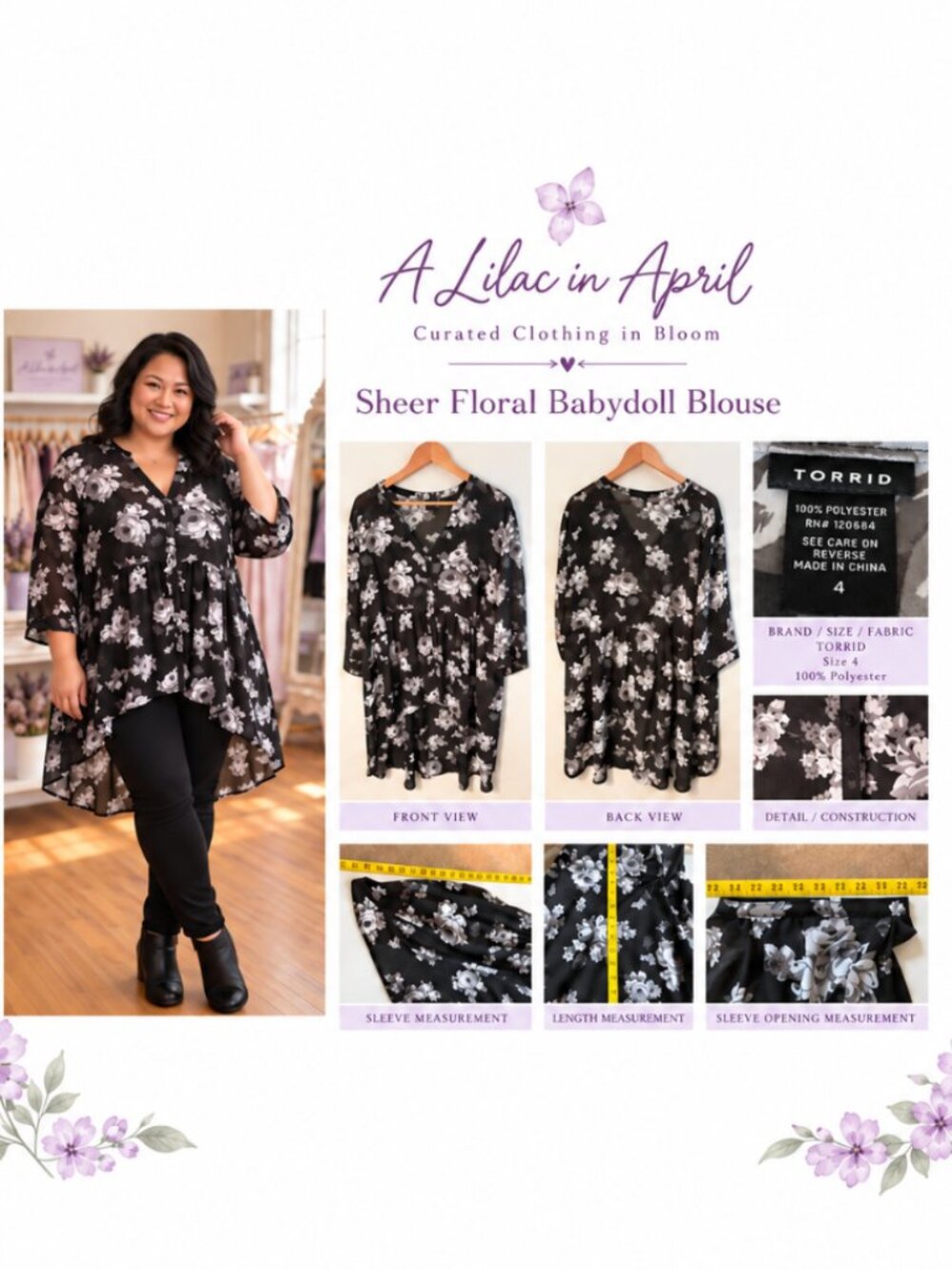 orrid Size 4 Black White Floral Sheer Babydoll Blouse High-Low Plus Size